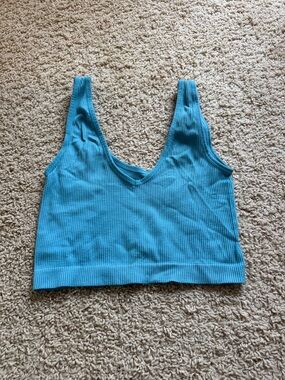 Ribbed V-Neck Crop Tank Top - Teal Blue